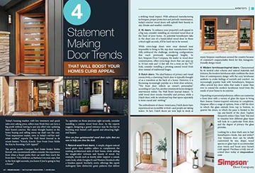 Full spread of Premier Builder magazine featuring Simpson's dutch doors painted white, front doors, and oversized doors with natural grain wood as top door trends in the Pacific Northwest.