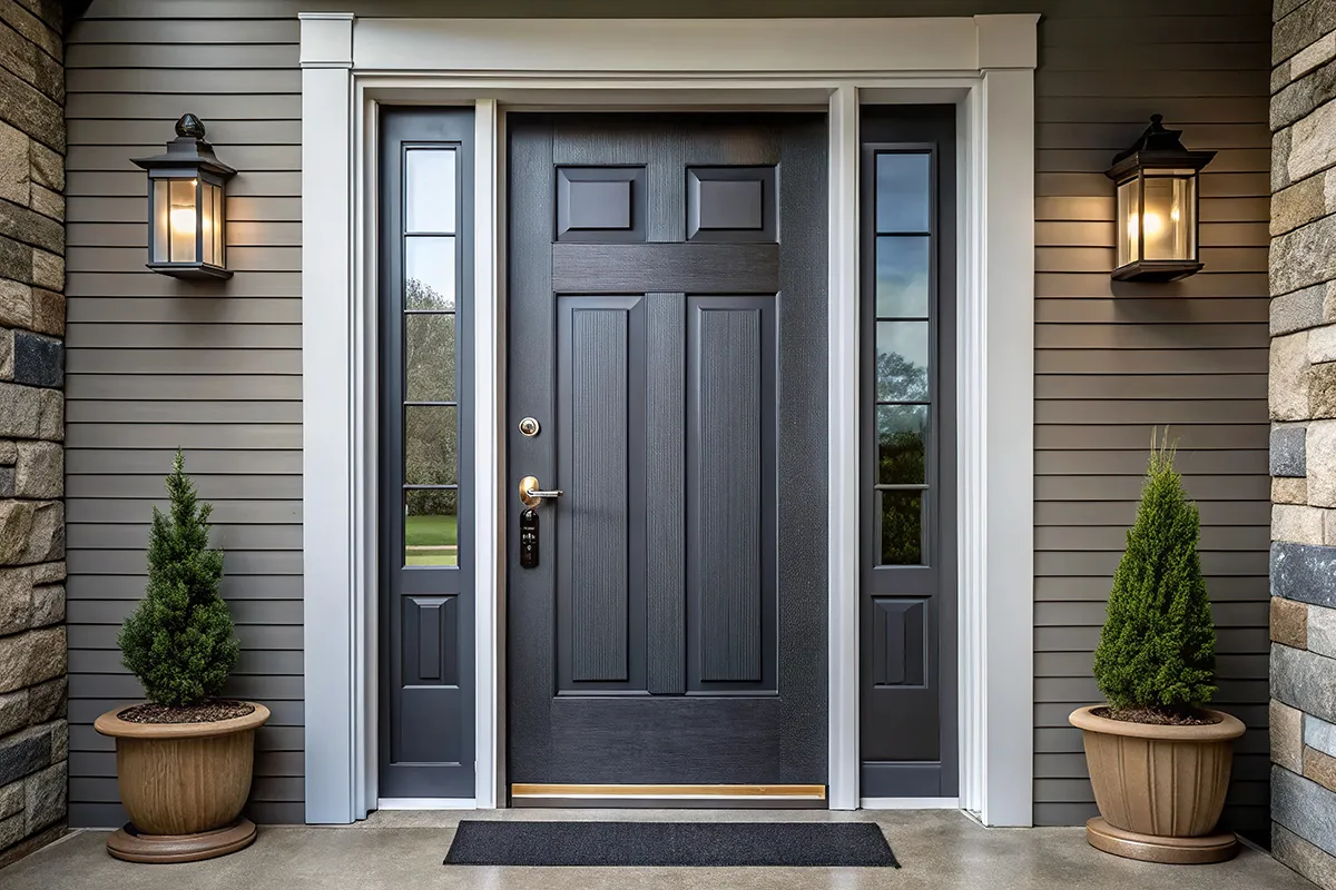 Traditional fiberglass front door with sidelites and molded panel design.