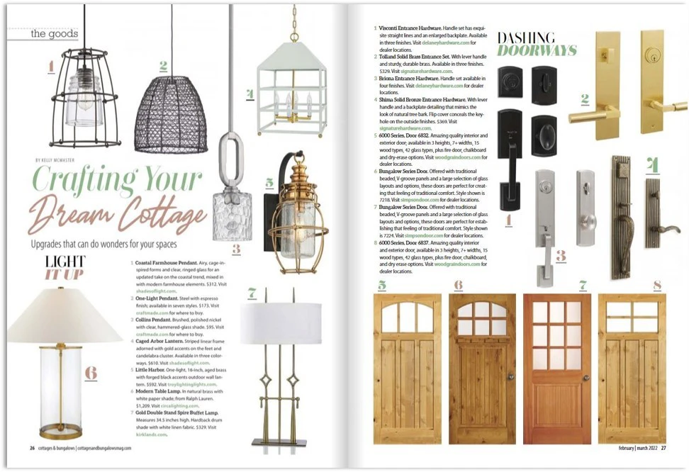 Inside spread of magazine featuring Simpson door's Bungalow Series door along with accessories to complete a vintage style cottage home.