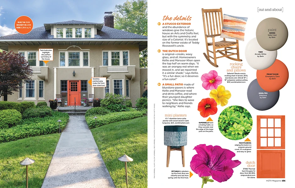Image of the article featuring Simpson’s dutch door in orange with ideas on how to style the front porch.