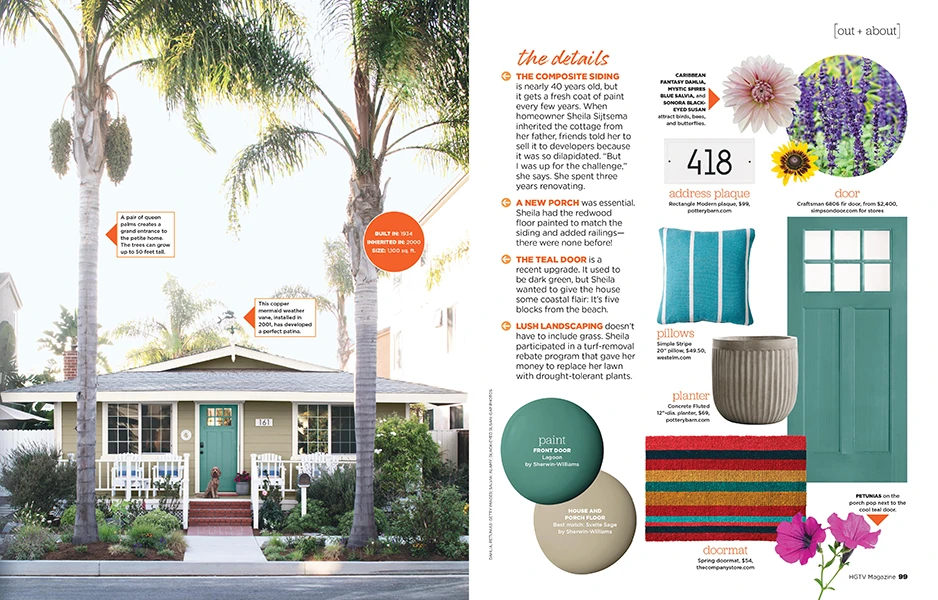 Image of the article featuring Simpson’s craftsman door in teal with ideas on how to style the front porch.