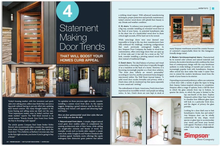 Full spread of Premier Builder magazine featuring Simpson's dutch doors painted white, front doors, and oversized doors with natural grain wood as top door trends in the Pacific Northwest.