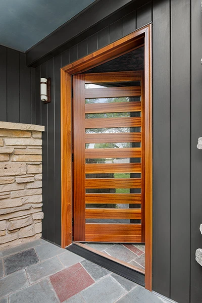 Contemporary Modern front door with glass shown on a black house.