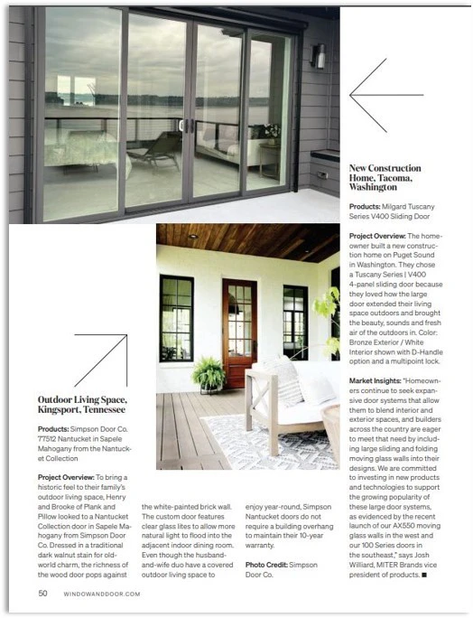 Interior page of the magazine shown featuring Simpson's Nantucket Collection door in mahogany leading to an outdoor living space as well as sliding glass doors contrasted against a gray background.