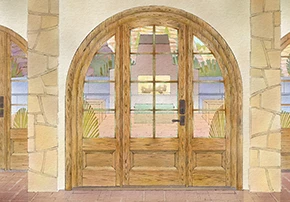37508 door, 37804 sidelights with shared radius top, shown in White Oak