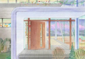 49908 Pivot Door System shown in Sapele Mahogany