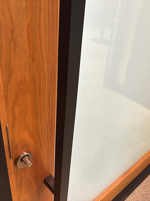 7002 Monster Pivot Door in Cherry with White Laminate glass
